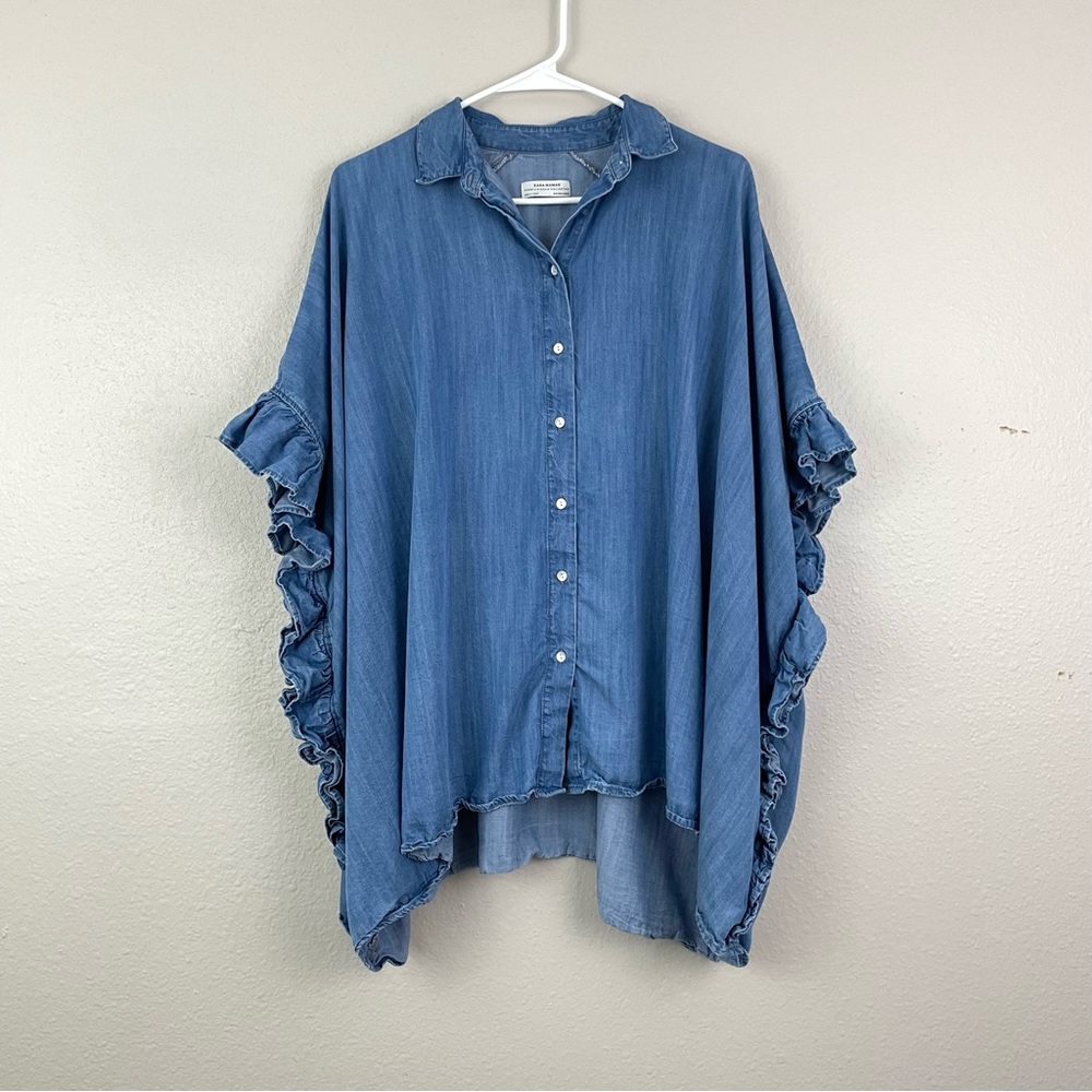 Zara Blue Denim Ruffled Button-Up Top - Picture 4 of 8